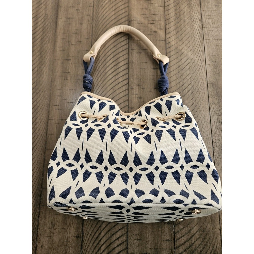 Spartina 449 Bucket Bag Blue Geo Linen Leather Drawstring Nautical Coastal Chic - Picture 5 of 16